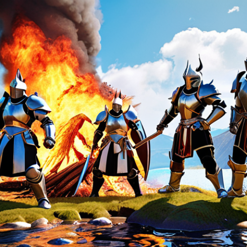 Team Synergy**

*   **Prompt:** Seven Knights team, dynamic action pose, DPS hero striking, Tank hero shielding, Support hero healing, elemental effects (fire, water, earth), strategic formation, vibrant colors, fantasy RPG, Swedish landscape backdrop.

**