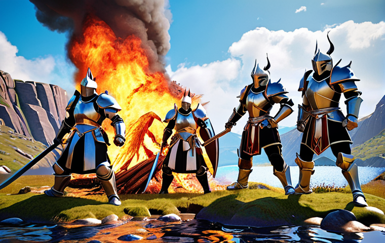 Team Synergy**
* **Prompt:** Seven Knights team, dynamic action pose, DPS hero striking, Tank hero shielding, Support hero healing, elemental effects (fire, water, earth), strategic formation, vibrant colors, fantasy RPG, Swedish landscape backdrop.
**